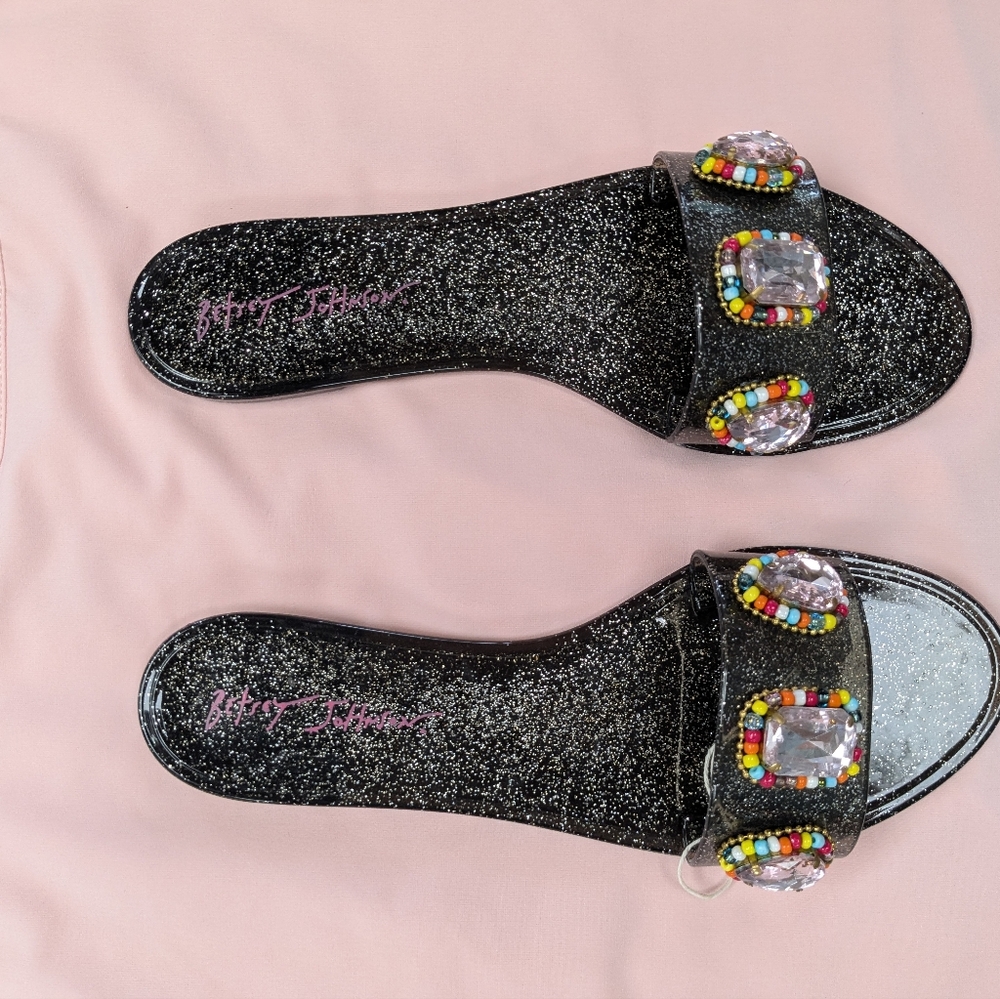 Betsey Johnson Black Glitter Slide Sandals with Multicolor Bead Accents